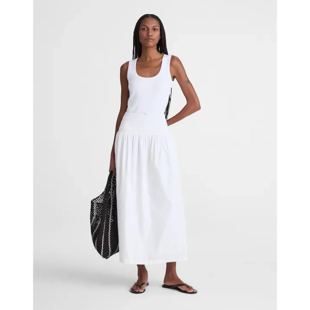 Madewell Smocked Waist Midi Skirt In Poplin White NU637 Women's Large New